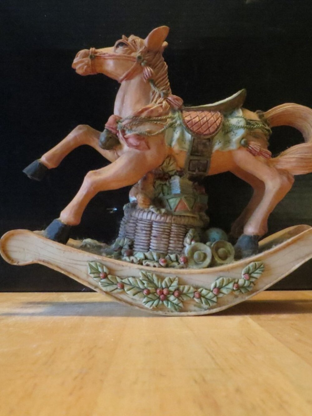 Beautiful Holiday Rocking Horse with Toy Basket and Holly Berries